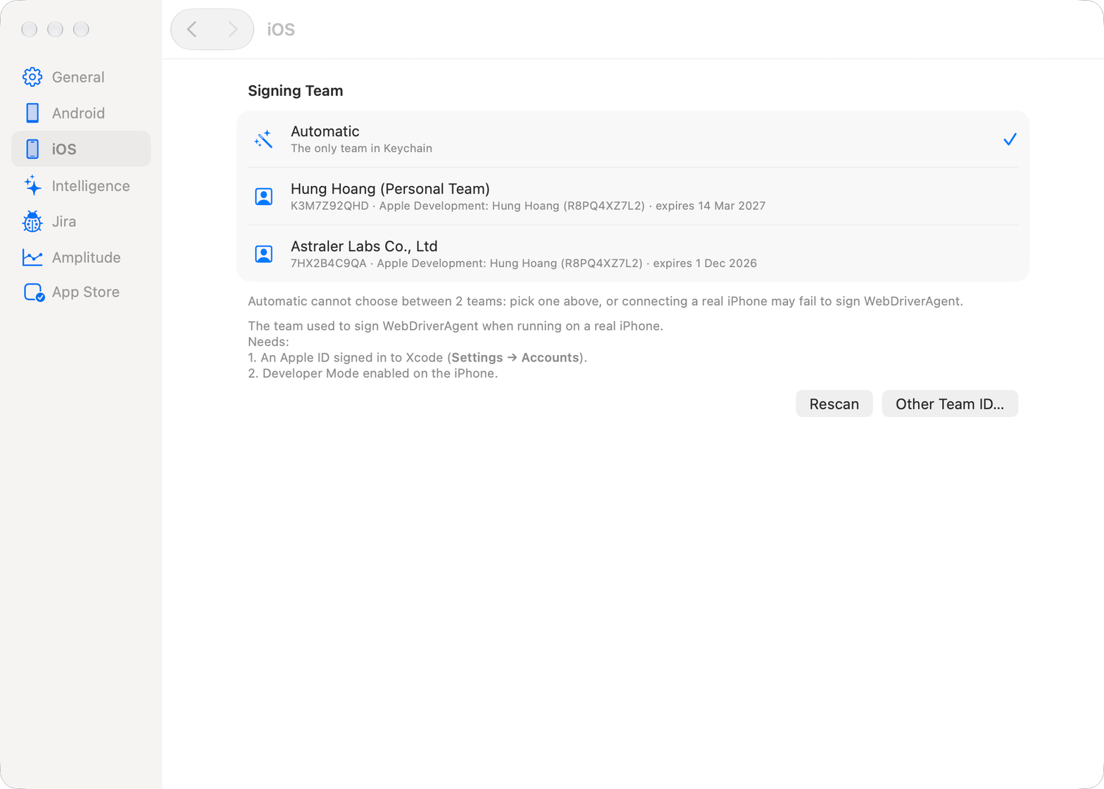 Settings, iOS, Signing Team